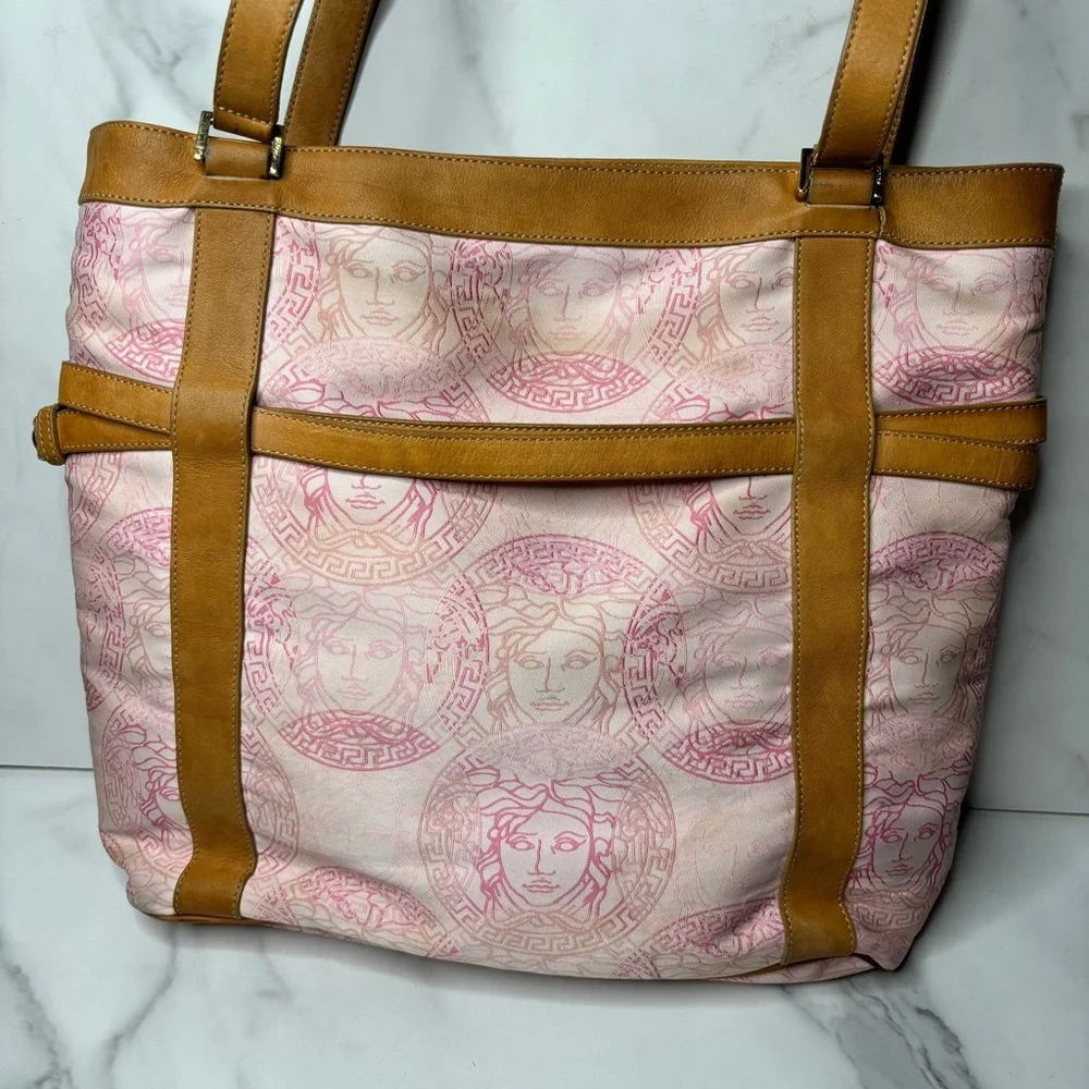 Versace Medusa Pink Leather And Canvas 2 Side Handle Tote/ Bag